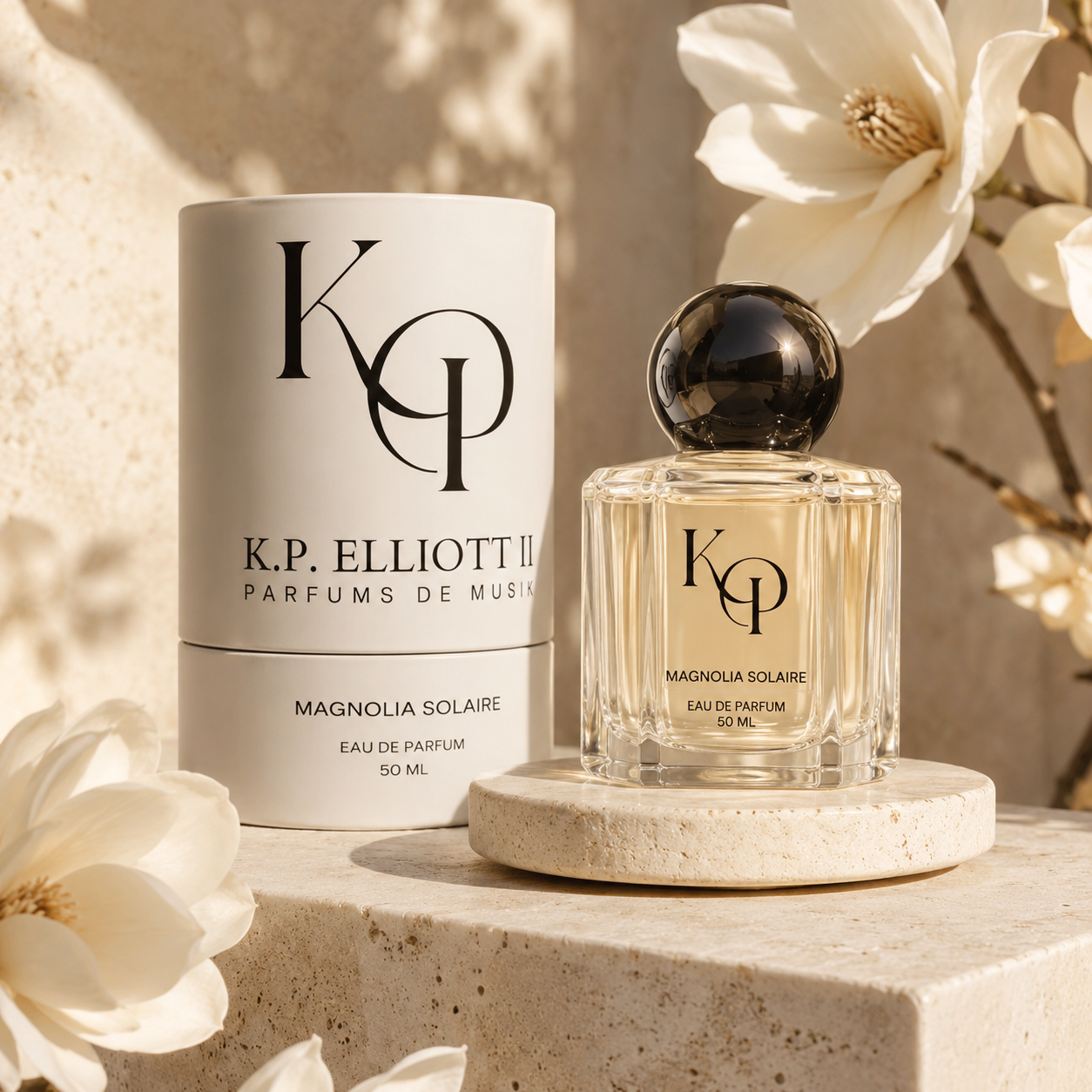 Magnolia Solaire bottle and packaging on travertine with magnolia blooms
