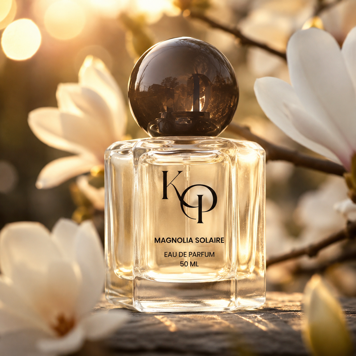 Magnolia Solaire bottle in golden bokeh light among magnolia blossoms