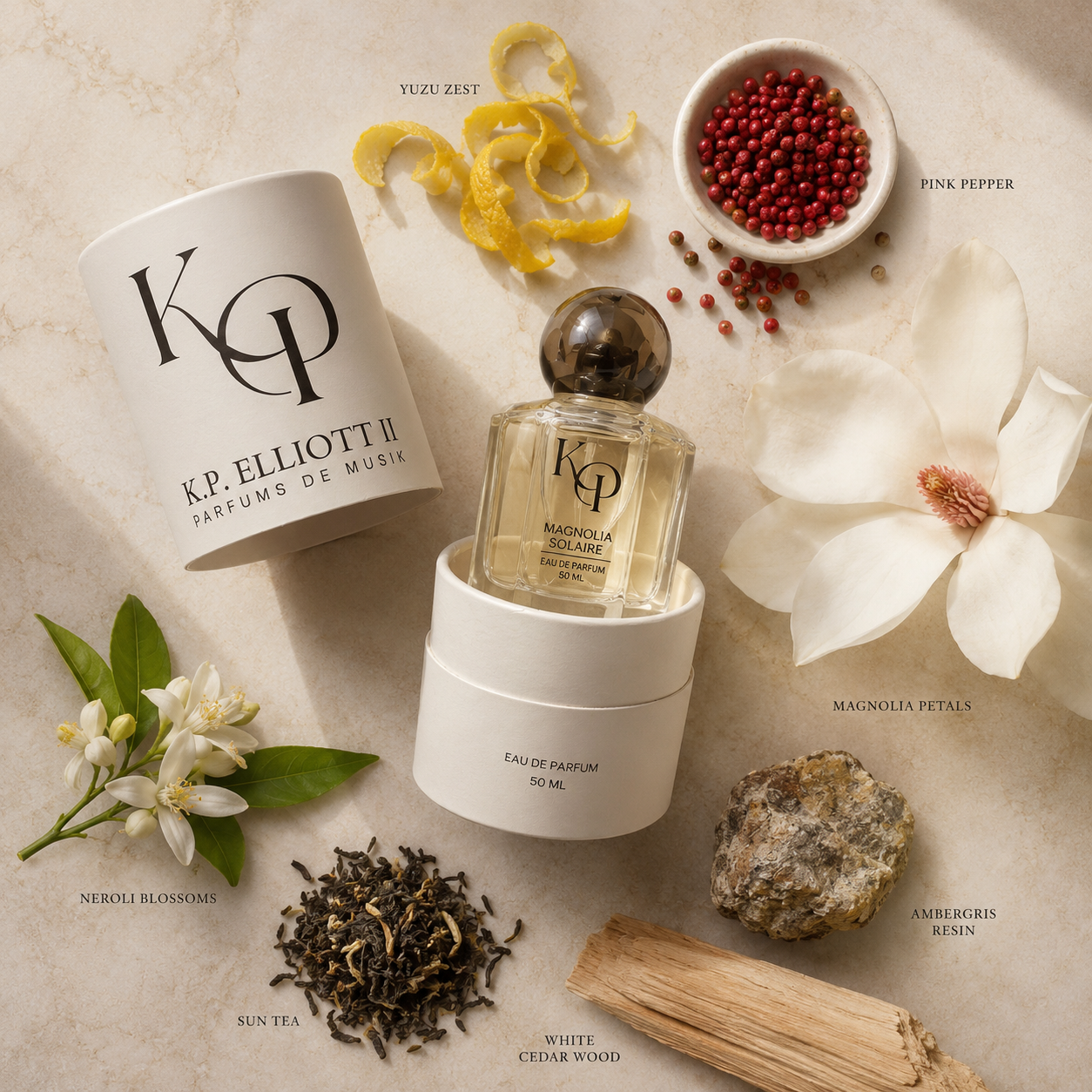 Magnolia Solaire ingredients: Yuzu Zest, Pink Pepper, Magnolia Petals, Neroli Blossoms, Sun Tea, White Cedar Wood, Ambergris Resin