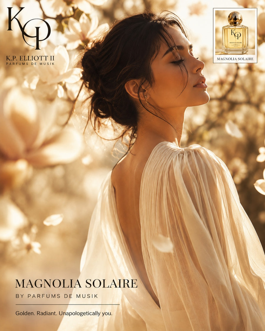 First-person field experience — hands reaching through golden meadow with magnolia petals