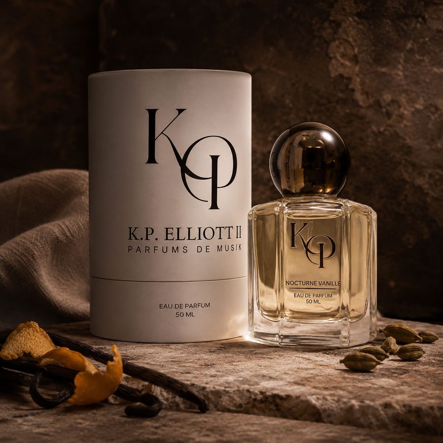 Nocturne Vanille bottle and packaging on dark stone